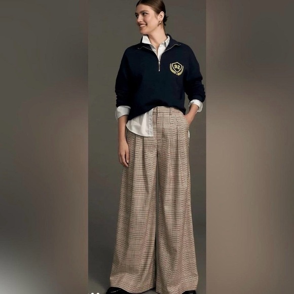 Mauve Pants - Maeve Anthropologie The Avery Pleated Wide-Leg Trousers: Plaid Edition, Sz 12